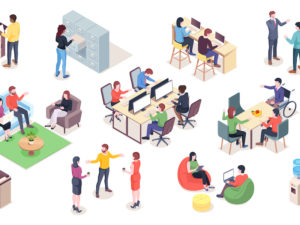 Drawing of open plan office space with workers