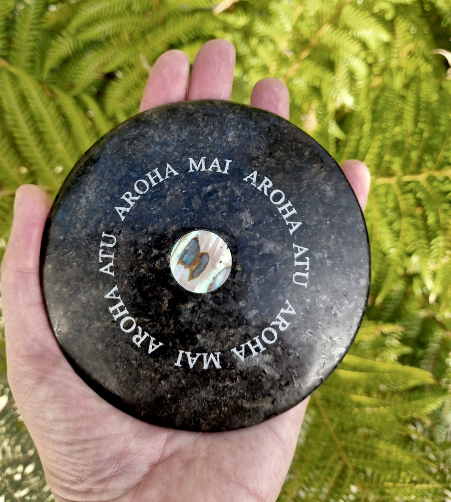 Mauri Stone inscribed with “Aroha Mai Aroha Atu,” meaning “Love Received, Love Returned” All rights reserved, C. Spiller, 2022.