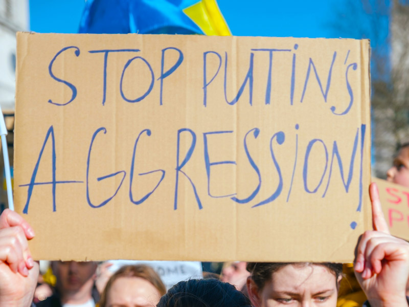 Sign saying Stop Putin's Aggression at Protest in London February 2022