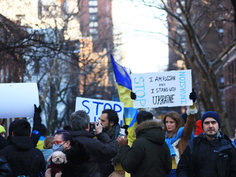 Sunday, February 27, 2022, Protesters gathered outside of Russian Consulate in uptown New York City to protest Russian's invasion in Ukraine.