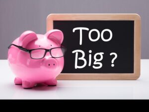 Piggy Bank in front of a Black Board that says "Too Big?"