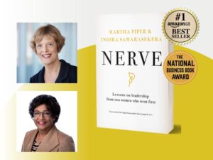 Image of the book Nerve along with pics of the two authors (Martha Piper and Indira Samarasekera_ and stickers that say #1 Amazon.ca Bestseller and National Book Award.