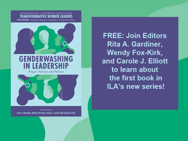 Cover of Genderwashing book. Text: FREE: Join Editors Rita A. Gardiner, Wendy Fox-Kirk, and Carole J. Elliott to learn about the first book in ILA’s new series!