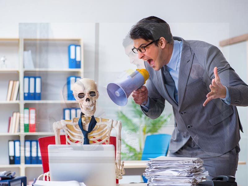 Image of man yelling at skeleton sitting at a desk superimposed by man yellowing at a woman through a bullhorn.