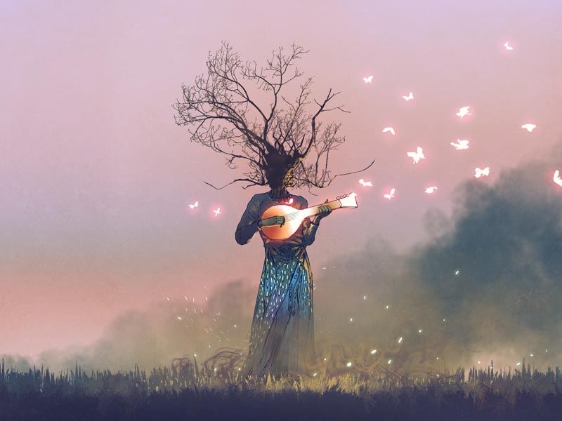 Image of Women tree strumming butterflies