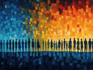 Colorful graphic with silhouettes of people standing together.