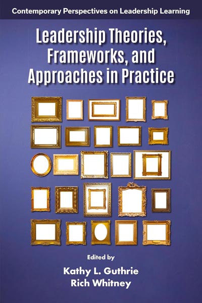 Leadership Theories, Frameworks, and Approaches in Practice Book Cover (Purple background with 25 various blank picture frames)