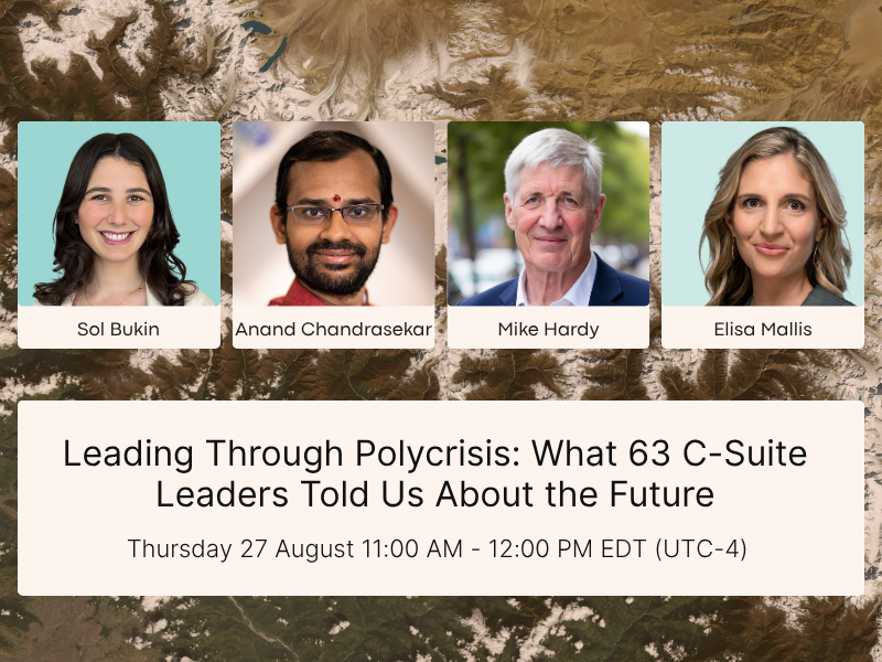 Abstract Webinar Tile With title: Leading Through Polycrisis: What 63 C-Suite Leaders Told Us About the Future. Date: Thursday 27 August from 11am-12pm EDT. With speakers names and photos: Sol Bukin, Elisa Mallis, Mike Hardy, and Anand Chandrasekar