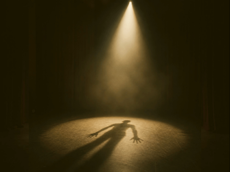 Image of a distorted shadow under a spotlight on an empty stage. AI Generate in Canva.