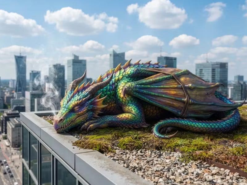Ai Generated image of a multicolored dragon sleepin on top of a building with a modern city in the background.